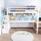 Merax Hochbett 90 x 200 cm, Etagenbett mit großem Schreibtisch und Aufbewahrungstreppen, Kinderbett mit Regalen, für Jungen und Mädchen, Weiß (ohne Matratze)