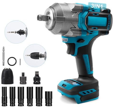 1200Nm Akku Schlagschrauber Kompatibel mit Makita 18V Akku, 1/2 Zoll Bürstenloser Drehschlagschrauber mit 6 Stecknüsse und LED-Licht, für Gerüstbau, Autoreifen und Automobilmontage (Ohne Batterie)