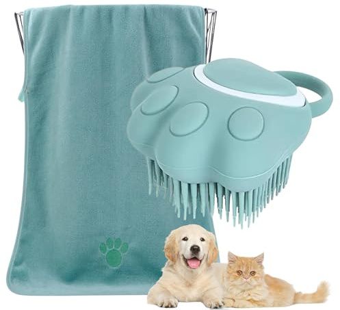 FurFurina® 2-in-1 Pflegeset für Hunde und Katzen – Badebürste mit Shampoo-Behälter & saugfähiges Mikrofaser-Handtuch 75×35 cm – Silikonbürste zur Reinigung, Massage & Trocknung – Grün
