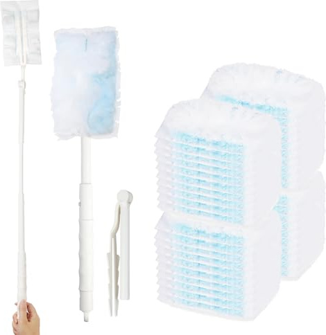 Wantli 55 Ricariche Spolverino Compatibile con Swiffer Duster con Manico | Spolverini Usa e Getta, Cattura e Intrappola Polvere, Fibra Superfine, 1 Manico Telescopico Incluso