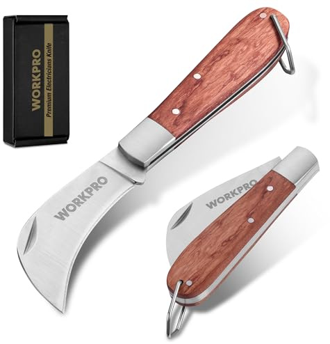 WORKPRO Coltello da Elettricista Pieghevole con Lama Curva in Acciaio Inox | Manico in Legno, Ghiera Rinforzata, Anello per Laccio e Incavo per Unghia, Ideale per Spellare Cavi, Giardinaggio e Outdoor