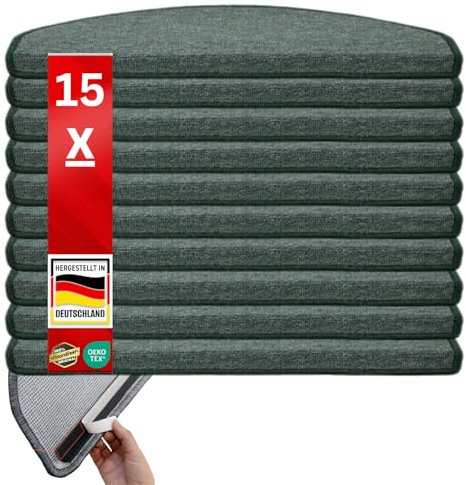 Floordirekt Original Stufenmatten Treppen-Teppich 15er Spar Set 20 Farben (London, Grün, 65x23 cm, Halbrund)
