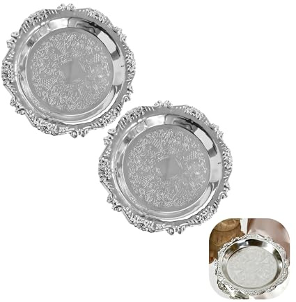 2pcs Elegant Vintage Metal Candle Plates and Trays, Decorative Candle Plate with Carved Pattern, Multi Use Round Tray and Decorative Tray, Metal Dish for Jewelry Pillar Candles Home Display