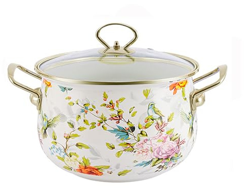Cooking Pot Vintage Enamel Stockpot with Lid Large Stock Pot Enamel 5.5 Liters Nonstick Saucepan with Glass Lid Flower Enamel on Steel with Lid Vintage Thicken Soup Pot with Handle