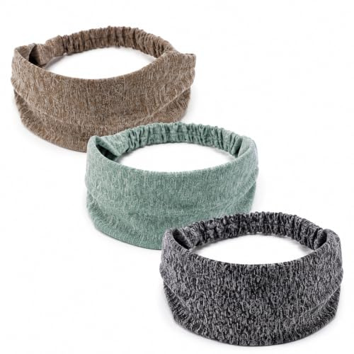 3er Pack Stirnbänder Damen Elastisch Haarband Sport Bandana Kopfband (Braun Grün Dunkelgrau, Standart)