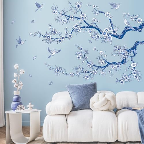 SHUCHING Wandtattoo Blumen Ast Blaue Groß | Wandsticker Blumen Blaue, Selbstklebend Wandaufkleber für Wohnzimmer Schlafzimmer Sofa Hindergrund