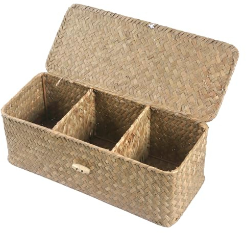 Toilettenpapier Aufbewahrung Natur Seegras Korb mit Deckel - 3-Fach Organizer für Badezimmer, Wohnzimmer & Schlafzimmer - Handgeflochten aus 100% Naturmaterial 32x12x10cm (Natur)