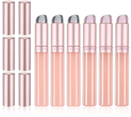 TIESOME 6 Pcs Silicone Lip Brush, Round Head Lip Makeup Applicator for Lipstick & Lips Mask, Reusable Silicone Lips Applicator with Lids, Easy Clean Portable (Gray, Pink)