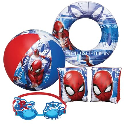 Bestway Spiderman Swimming Pool Set, Bundle of 20 Beach Ball, Arm Bands, Googles & Swim Ring Tube for Swimming Pool Activities, Water Park, Beach Games