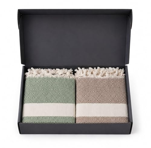 B-Bytes Saunahandtuch XXL 180x100 cm aus 100% Baumwolle, Hamamtuch 2er Set | Leicht, Saugstark & Schnelltrocknend, Saunatuch & Strandtuch (Beige & Grün)