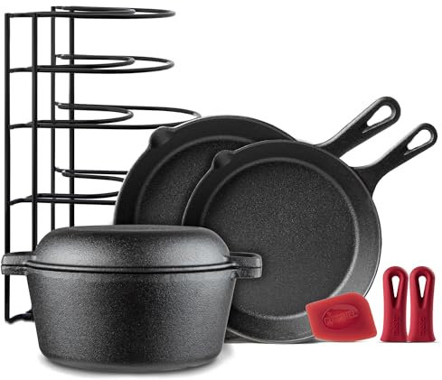 Cuisinel Gusseisen-Kochgeschirr-Set, 8-teilig, 25,4 cm + 30,5 cm Bratpfanne + 5 Quart Dutch Oven + Panrack Organizer + Silikon-Griffabdeckungen + Schaber/Reiniger, voreingebranntes Kochutensilien-Set