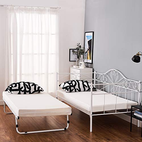 Panana 2 Styles Metal Bed Frame Day Bed 3ft Single Sofa Guest Bed Black/White New (Style2 Daybed+Trundle, White)