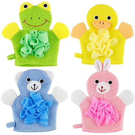 4 niedliche Hand-Badhandschuhe, Cartoon-Waschhandschuh, Duschschwamm, Handbad-Waschhandschuh für Babys, Kinder, Kaninchen, Frosch, Bär