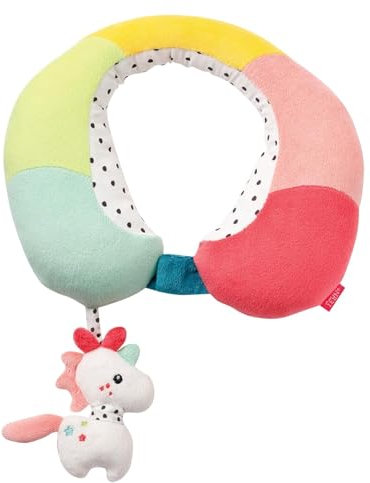 Fehn 057294 Nackenstütze Einhorn - Nackenkissen mit kleinem Rassel-Tier – Ergonomische Form des Nackenhörnchens stützt, entlastet und bietet sicheren Halt in Auto, Babyschale oder Kinderwagen