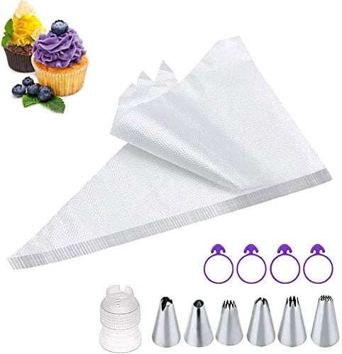 PHIEZC Juego de 100 mangas pasteleras desechables, juego de boquillas para pastelería, accesorios para hornear, incluye 6 boquillas, 1 adaptador, 4 pinzas para manga pastelera, manga pastelera