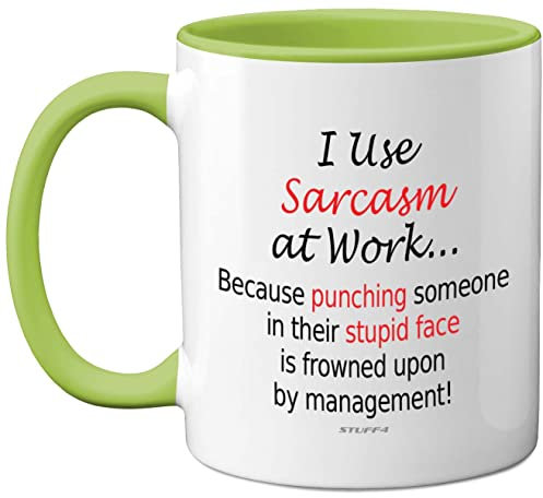 Funny Mugs - I Use Sarcasm at Work - Desk Novelty Mugs for Colleagues, Secret Santa, Christmas Birthday Gifts, 11oz Dishwasher Safe Green Handle Mug