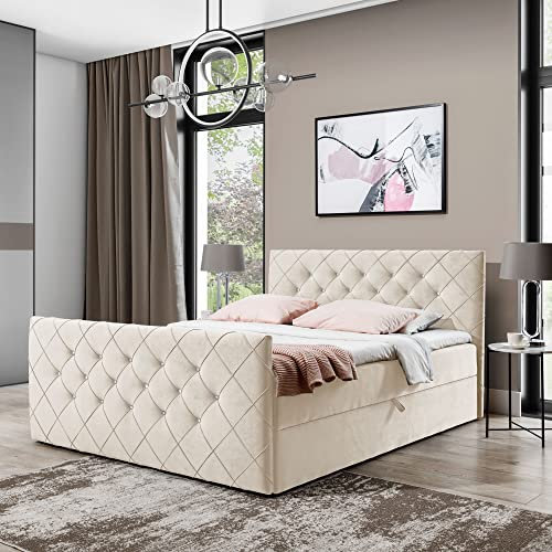 Boxspringbett Doppelbett MONAKO - Bett mit Bonellmatratze, mit Bettkasten für Bettwäsche und Topper. Gepolstertes Kopfteil und Fussteil mit Einer eleganten Steppung verziert (Creme, 120x200)
