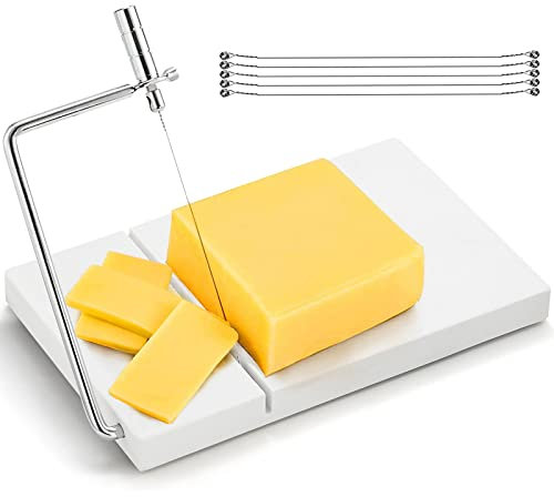 ZEAYEA Käsehobel, Marmor-Käseschneider mit 6 Drähten, 12,7 x 20,3 cm, robustes Käse-Schneidebrett für Schneideblock, Käse, Butter, Obst, Vorspeisen, weißer Marmor
