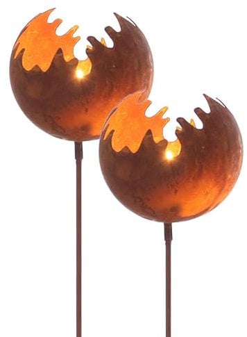 Spetebo Metall Gartenstecker Naturrost Feuerball - 2er Set/groß - Rost Windlicht mit Erdspieß ca. 98 x Ø 15 cm - Garten Deko Kerzen Halter Feuerkugel