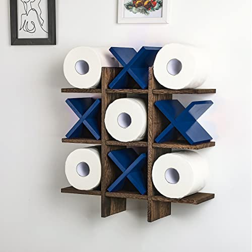Weysat Tic Tac Toe Toilettenpapierhalter, Ständer, Toilettenpapier-Aufbewahrung, Badezimmer-Dekoration, rustikale Holzaufbewahrung, freistehend, wandmontierte Regale, Dekoration für Toilettenpapier,