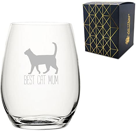 Engraved Novelty Stemless Wine Glass with Purrfect Cat Mum Design, Laser Engraved, Includes Gift Box - Birthday or Funny Cat Lover Gift, Add Personal Message