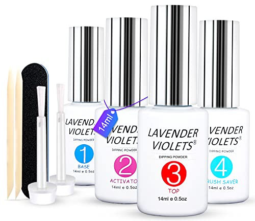 Lavender Violets Acrylic Dipping Powder System Essentials Kit 15ml Big Bottles Liquid Glue Set Steps 1-4 Base Coat Activator Top Brush Saver No Need Cure Manicure J775