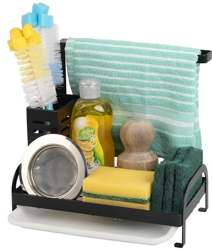 BELLE VOUS Black Sink Caddy Organiser with Removable Drain Tray - Stainless Steel Kitchen Countertop Sponge Holder - Sink Tidy Storage Rack for Dishcloth, Soap Dispenser, Brush & More