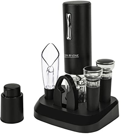 Cork & Vine Rechargeable 7-Piece Wine Set | Electric Wine Opener, Charging Base | Smart Wine Stopper, Wine Aerator, Wine Foil Cutter, Rechargeable Corkscrew, 2 Wine Stoppers Vacuum | Kitchen Gadgets