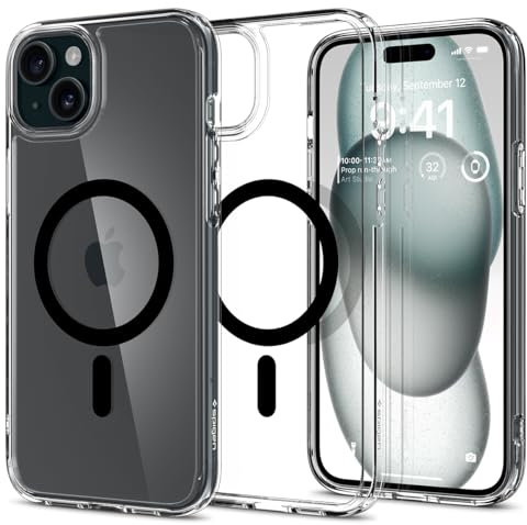 Spigen für iPhone 15 Plus Ultra Hybrid MagFit Hülle [Anti-Yellowing] Case Handyhülle Transparent Dünn Slim Kompatibel mit MagSafe -Schwarz