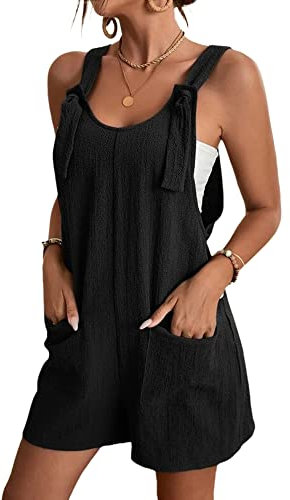 Miolasay Women Uk Elegant Short Jumpsuit Loose Spaghetti Strap Suspender Bib Overall Cotton Linen Shorts Rompers with Pockets (A-Black, XXL)