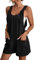 Miolasay Women Uk Elegant Short Jumpsuit Loose Spaghetti Strap Suspender Bib Overall Cotton Linen Shorts Rompers with Pockets (A-Black, XXL)