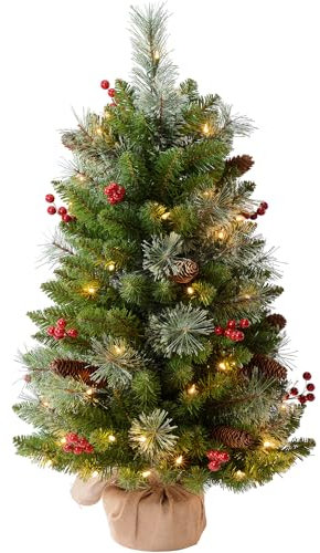 Amaoasis 3ft Pre-Lit Artificial Christmas Tree with 70 LED Lights Mini Xmas Trees, Cement Burlap Base Basin, for Home Tabletop, Green