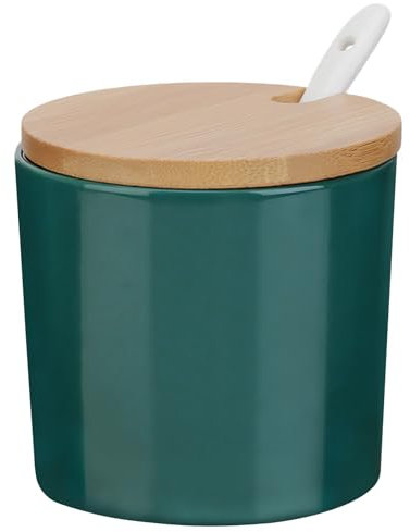 Chase Chic Sucrier en Céramique avec Couvercle en Bambou et Cuillère - Pot à Sucre pour le Bar à Café et Pot à Épices pour Sel de Cuisine Noir 230ml Vert