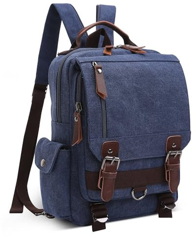 DEEVORCA Canvas Men Backpack Fashion Rucksack Convertible Shoulder Bag for 12.9 Inch iPad College Bag Casual Knapsack Work Travel Hiking Daily Camping Outdoor Vintage Mens Daypacks Blue