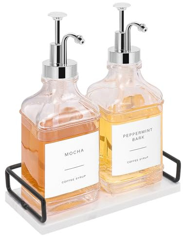 BathAce Coffee Syrup Dispenser with Marble Tray, Clear Glass Syrup Bottles with Pump, 2×500 ML Refillable Maple Syrup Dispenser, 1×Luxurious Small Tray, Coffee Bar Accessories(Chrome Finish)