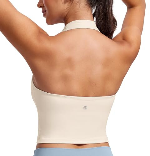 CRZ YOGA Butterluxe Damen Neckholder Sport BH Gepolstert Ohne Bügel Sports Bra Rückenfrei Yoga Gym Fitness Crop Top Weiße Aprikose 38