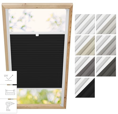Estika Dachfenster-Plissee mit Bohren – Verdunkelung & Thermo, für Fakro-Fenster Modell 55/78, Stofffarbe Graphit-Weiß – Dachfensterrollo, Innenrollo, Fensterplissee