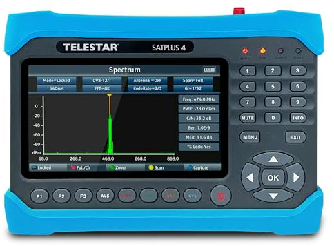 TELESTAR SATPLUS 4 - SAT Messgerät, Kabel & Terrestrisch - Satelliten Finder (DVB-S/DVB-S2 / DVB-C/DVB-T2 HD, H.265), DiSEqC, Unicable, WLAN, Glasfaser, Akku