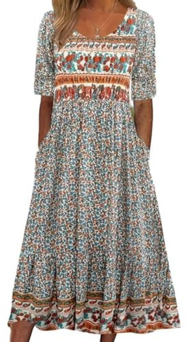 ABYOVRT Damen Kleider Lose Sommerkleid Lang Freizeitkleid Bohe Midikleid für Rundhals Strandkleid Blumenkleid Midi Kleid mit Taschen,XL
