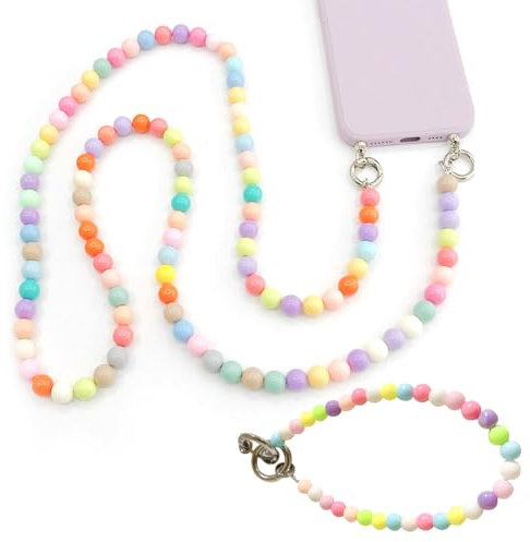 Qiciqinoone Handykette Universal 2 Stück, Handyanhänger, Perlen Handykette Universal zum Umhängen inkl, Bunte Acryl-Perlen Handykette Taschenkette, Handschlaufe, Handygurt, Handyband (Rainbow 120cm)
