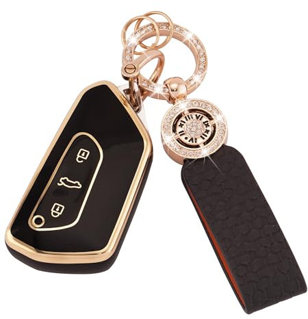 Koaudb Housse de clé de Voiture pour VW Golf 8 ID.3 ID.4 Seat Leon Tarraco Ateca Formentor Leon 3 Boutons Coque de Porte-clés en TPU Souple avec Porte-clés en Cuir Noir et Or (C-BP-Vlw-3D)
