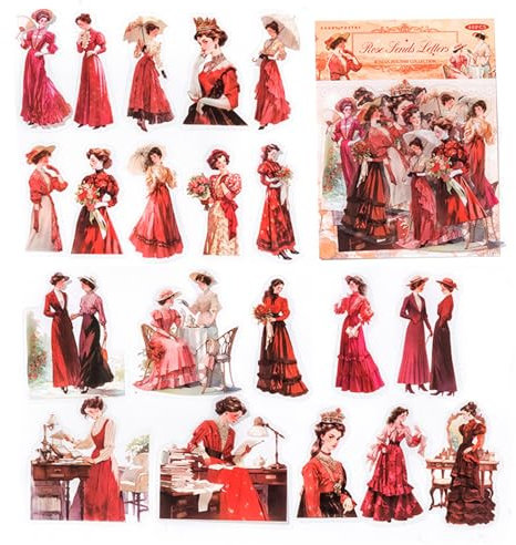 40 Piezas Vintage Scrapbooking Pegatinas, Gente Washi Stickers, Retro Scrapbook Accesorios Figuras para DIY Decoración Diario, Planificadores, Manualidades (Rojo)