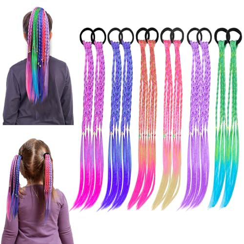 12-teilige Haarverlängerungen zum Flechten, Haarverlängerungen für Mädchen, Bänder, farbenfroher Haarschmuck mit Haarbändern, Haarzöpfe, Verlängerungen für Geburtstagspartys und Auftritte von Mädchen