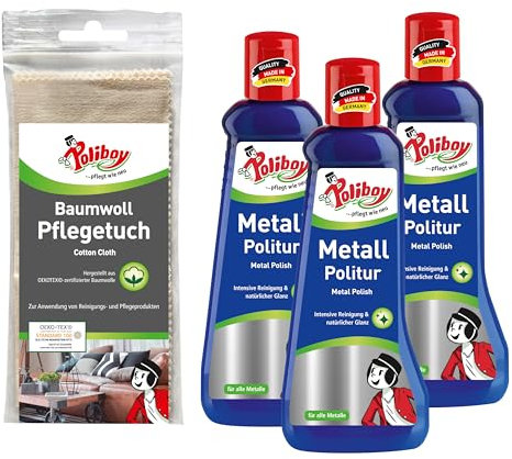 POLIBOY Metall Politur – Poliermittel für glänzende Metalle – Metallpflegemittel mit Anlaufschutz - 3x 200 ml - Mit Baumwolltuch - Made in Germany