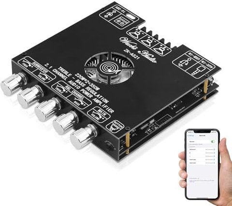 Bluetooth 5.1 Amplifier Board, ZK-AS21 2.1 CH 160W x 2 + 220W HiFi Subwoofer Power Amp Mini Digital Audio Amp Module for Home Speakers(30-220W, 3-8¦¸), DC 16-38V, BT USB AUX Input