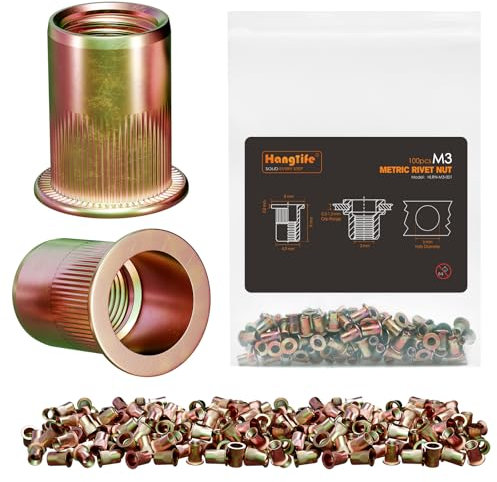 HANGLIFE Rivetti Filettati, M3 Metric Inserti Filettati (100 Pezzi) - Dadi per Rivetti a Testa Piatta, Zincati, in Acciaio al Carbonio con Corpo Zigrinato