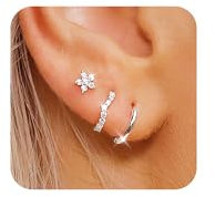 ZHESHY 3 Paar Ohrringe Silber 925/Gold Set Für Damen 14k Vergoldet Klein Creolen Ohrstecker Hängend Zirkonia Hypoallergen Goldene Stecker Für Mehrere Piercings Frauen Mädchen