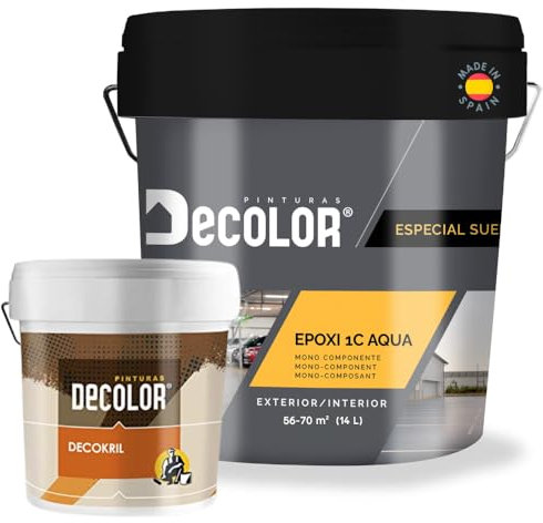 PINTURAS DECOLOR Pintura de Resina Epoxi Monocomponente para Suelos GRIS ARDILLA. RAL 7000. 14 Ltr. + Imprimación Decokril Rapid 5 Ltr