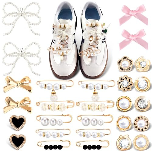 EYEOO 28Pcs Shoe Charms for Sneakers Shoelace DIY Golden Jewelry Charm for Women Metal Shoes Socks Brooch Button Pins Decoration Cute Rhinestone Pearl Bow Heart Floral Charms Accessories Bulk, Metal,
