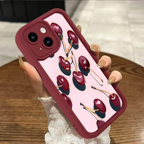 Genmoral Compatible with iPhone XR 6.1 Inch Matte Case,Cherry Pattern Print Shockproof Cover, Soft Case TPU Protective Shell for Women Girls, Anti Scratch Phone Case Wine red